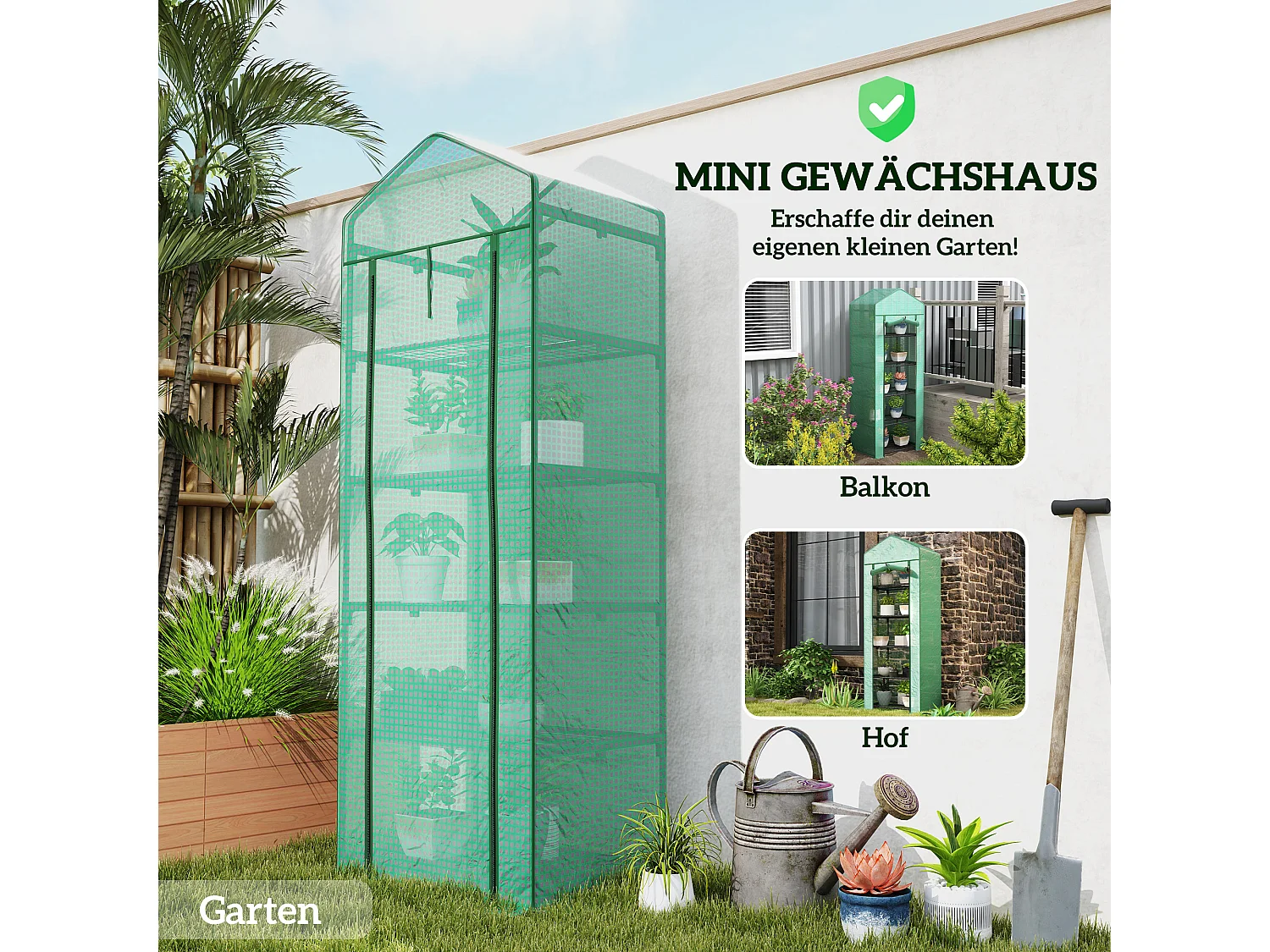 Serre avec porte roulante, étagères, plastique, vert, pour jardin et balcon (69x49x193 cm)