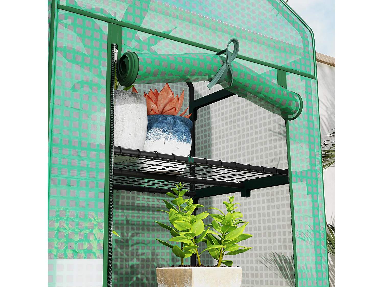 Serre avec porte roulante, étagères, plastique, vert, pour jardin et balcon (69x49x193 cm)
