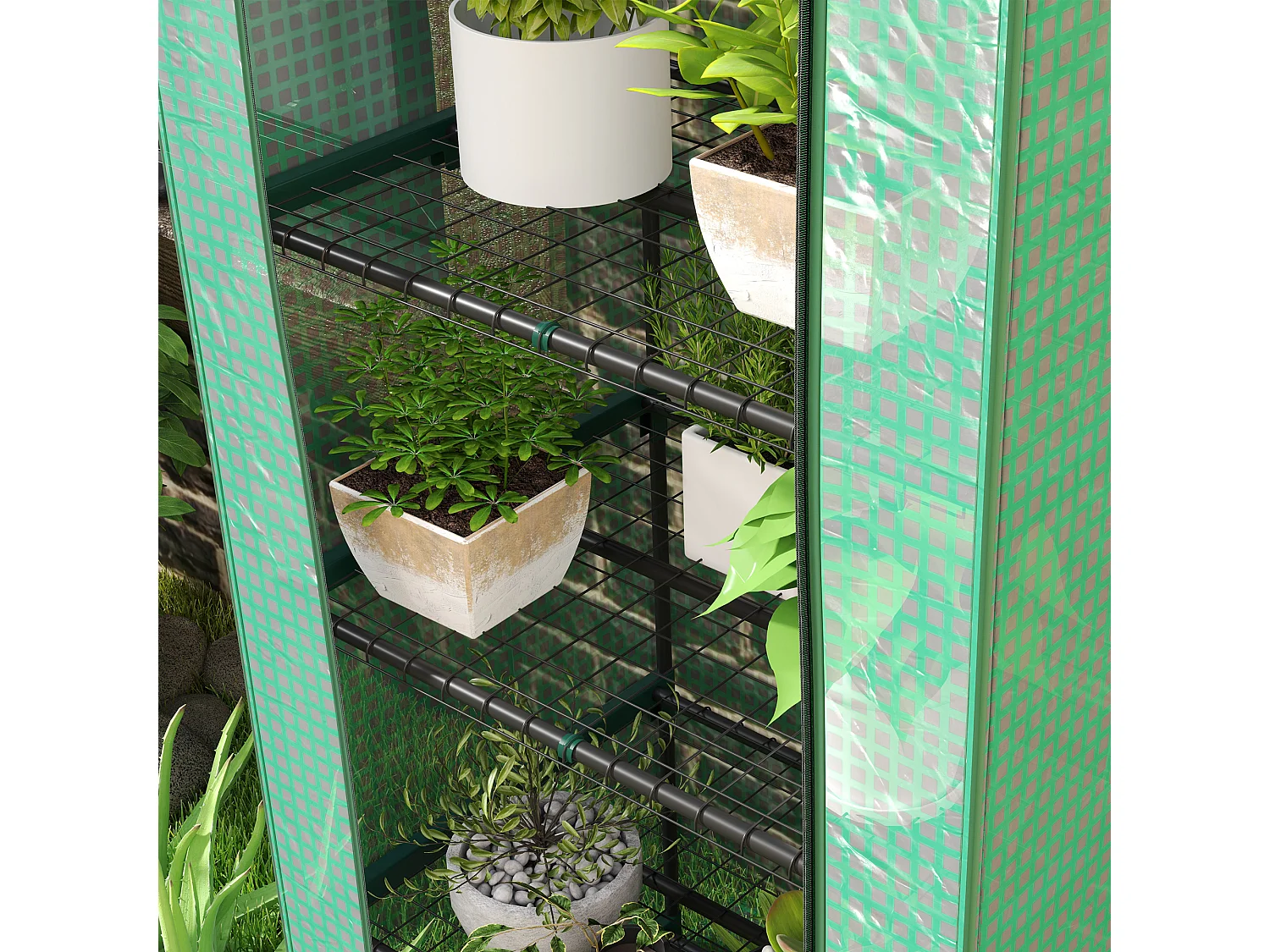 Serre avec porte roulante, étagères, plastique, vert, pour jardin et balcon (69x49x193 cm)