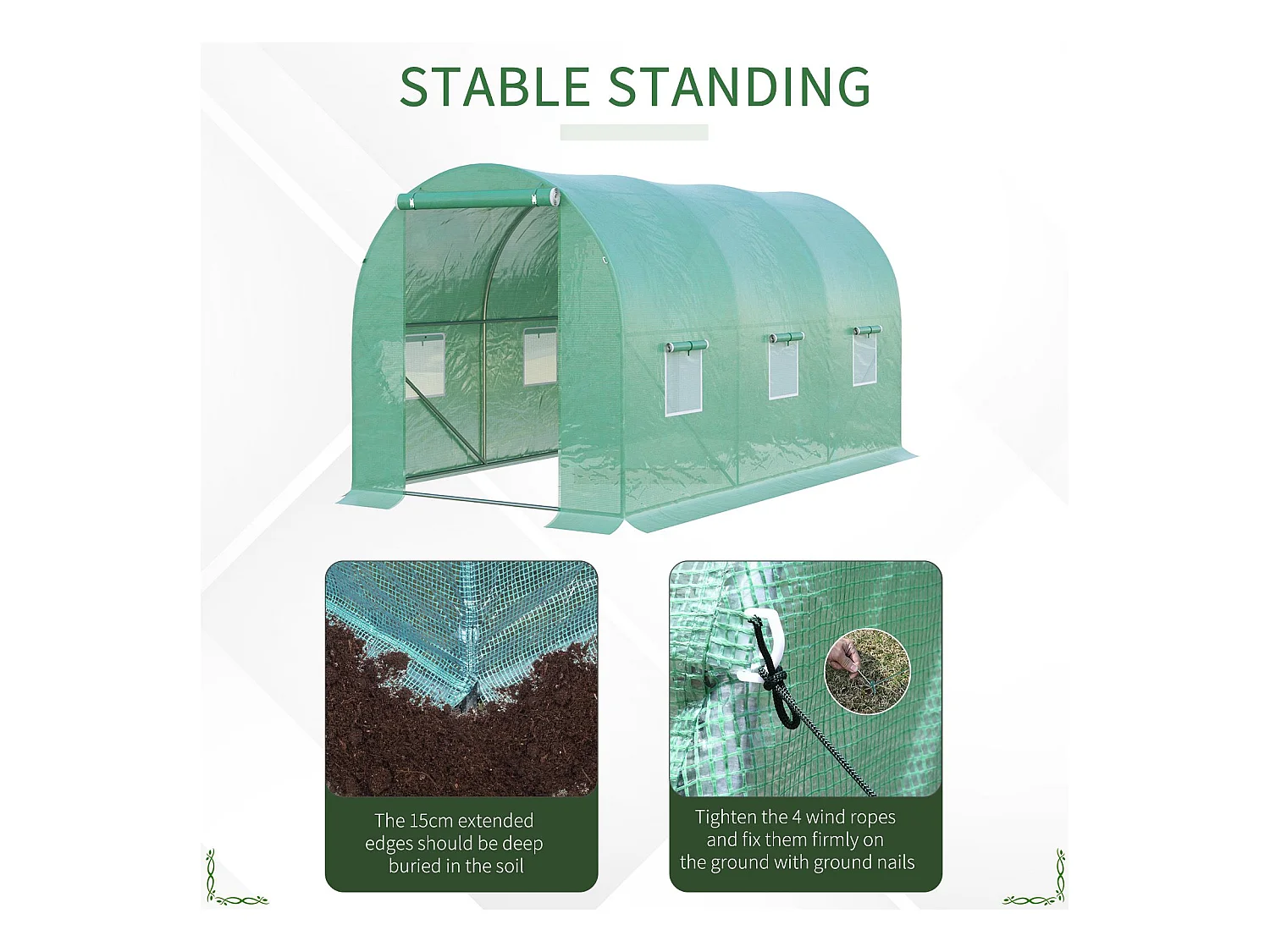 Invernadero de túnel para tomates, film transparente, 6 ventanas con mosquitera, estructura de acero verde (395x195x190cm)