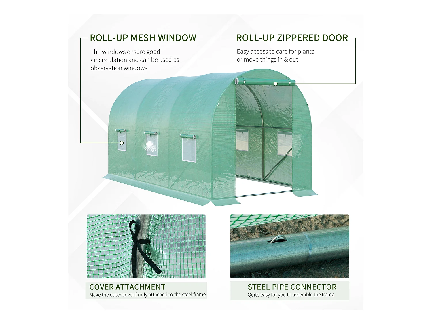 Invernadero de túnel para tomates, film transparente, 6 ventanas con mosquitera, estructura de acero verde (395x195x190cm)