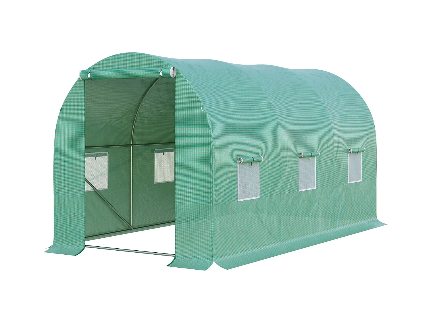 Serre tunnel pour tomates, film plastique transparent, 6 fenêtres moustiquaires, cadre acier vert (395x195x190cm)