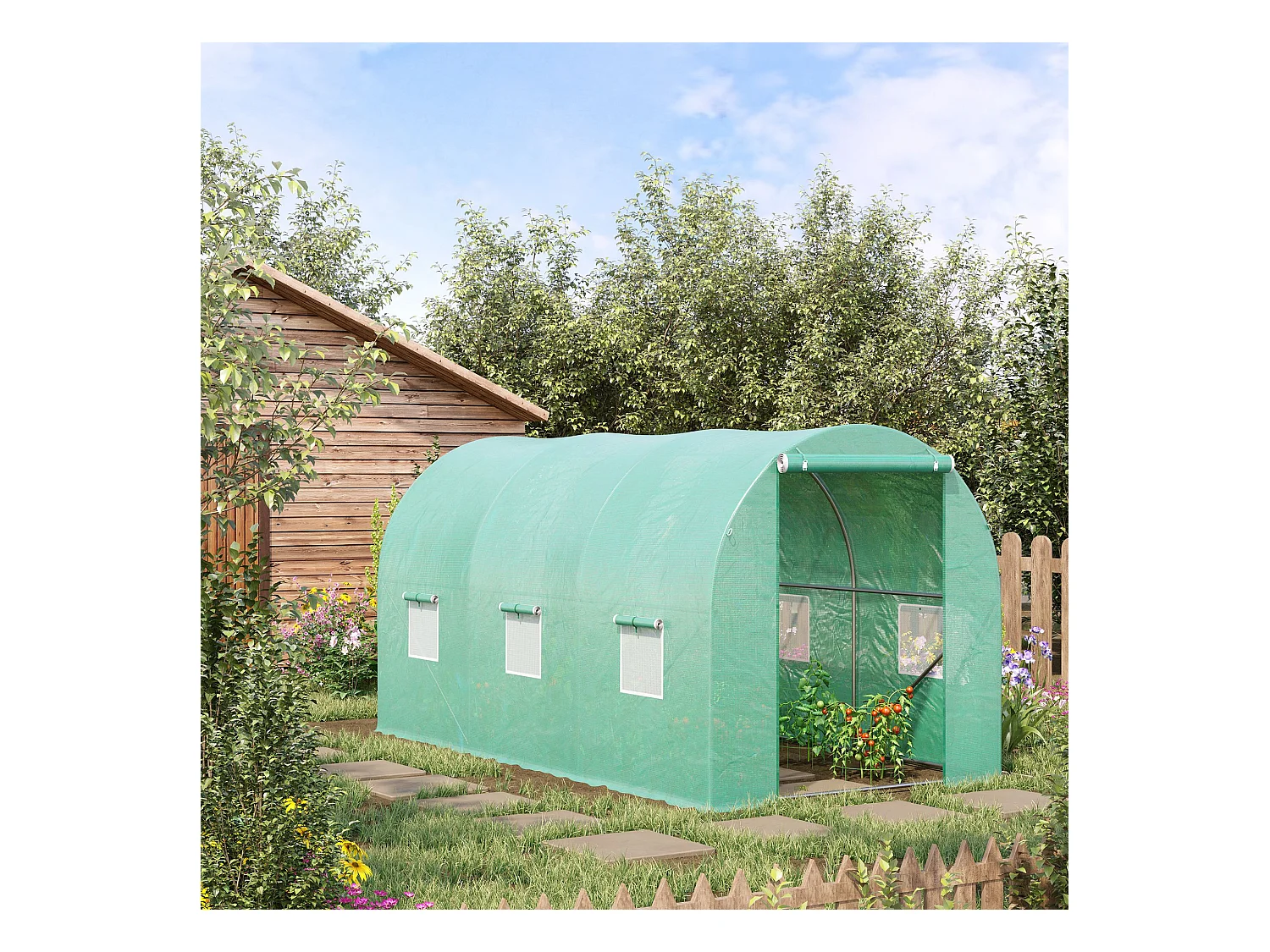 Serre tunnel pour tomates, film plastique transparent, 6 fenêtres moustiquaires, cadre acier vert (395x195x190cm)