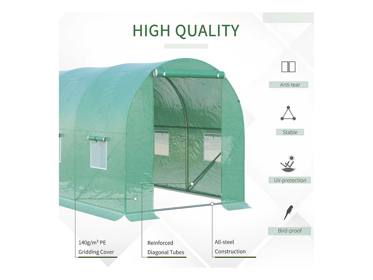 Serre tunnel pour tomates, film plastique transparent, 6 fenêtres moustiquaires, cadre acier vert (395x195x190cm)