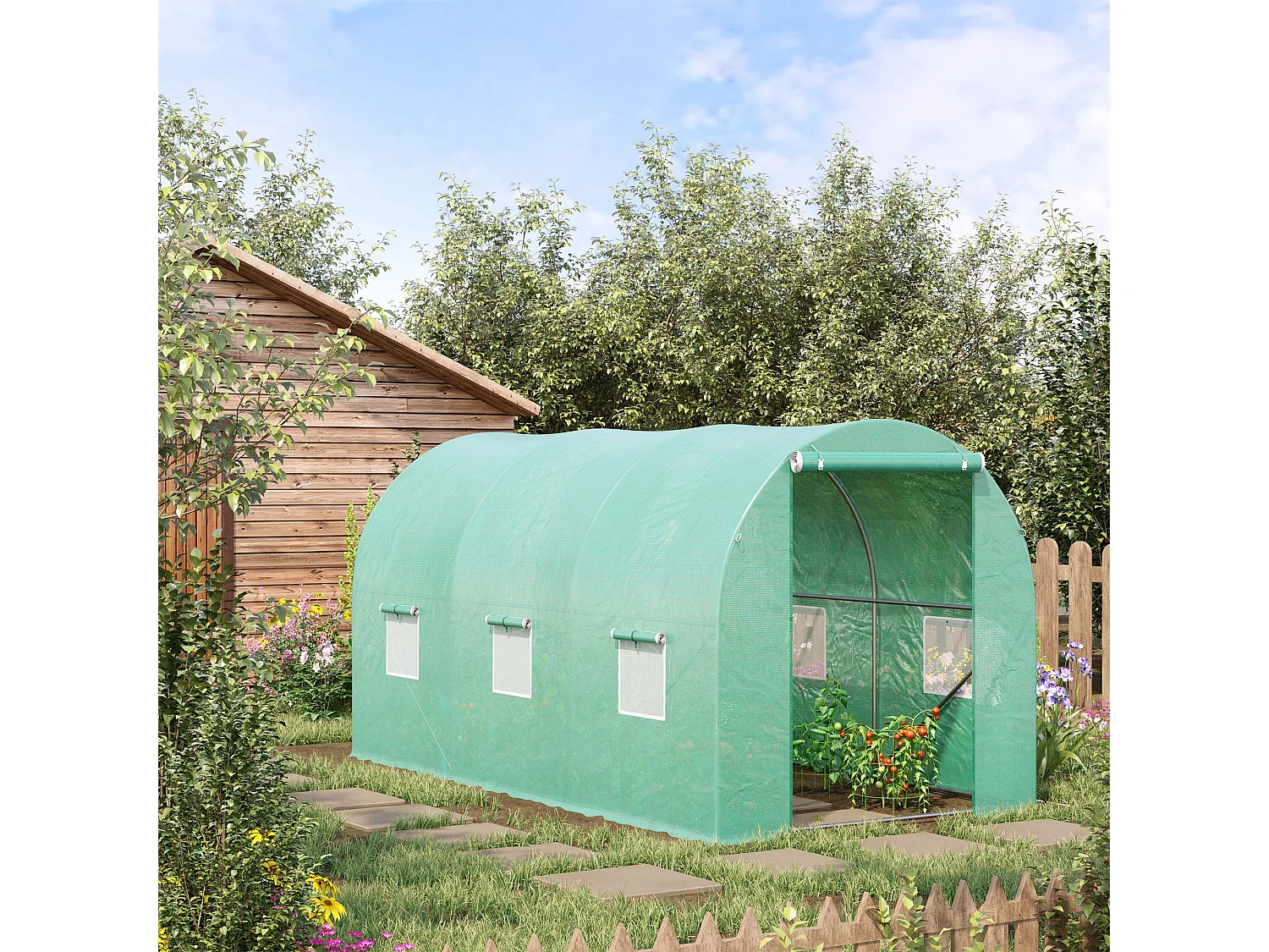 Serre tunnel pour tomates, film plastique transparent, 6 fenêtres moustiquaires, cadre acier vert (395x195x190cm)