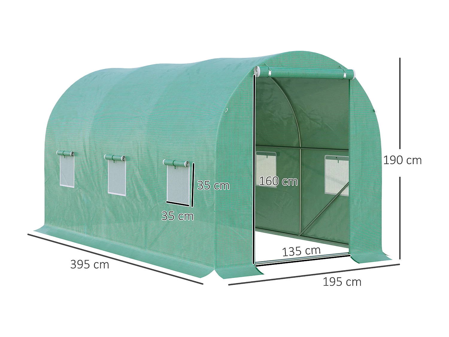 Serre tunnel pour tomates, film plastique transparent, 6 fenêtres moustiquaires, cadre acier vert (395x195x190cm)