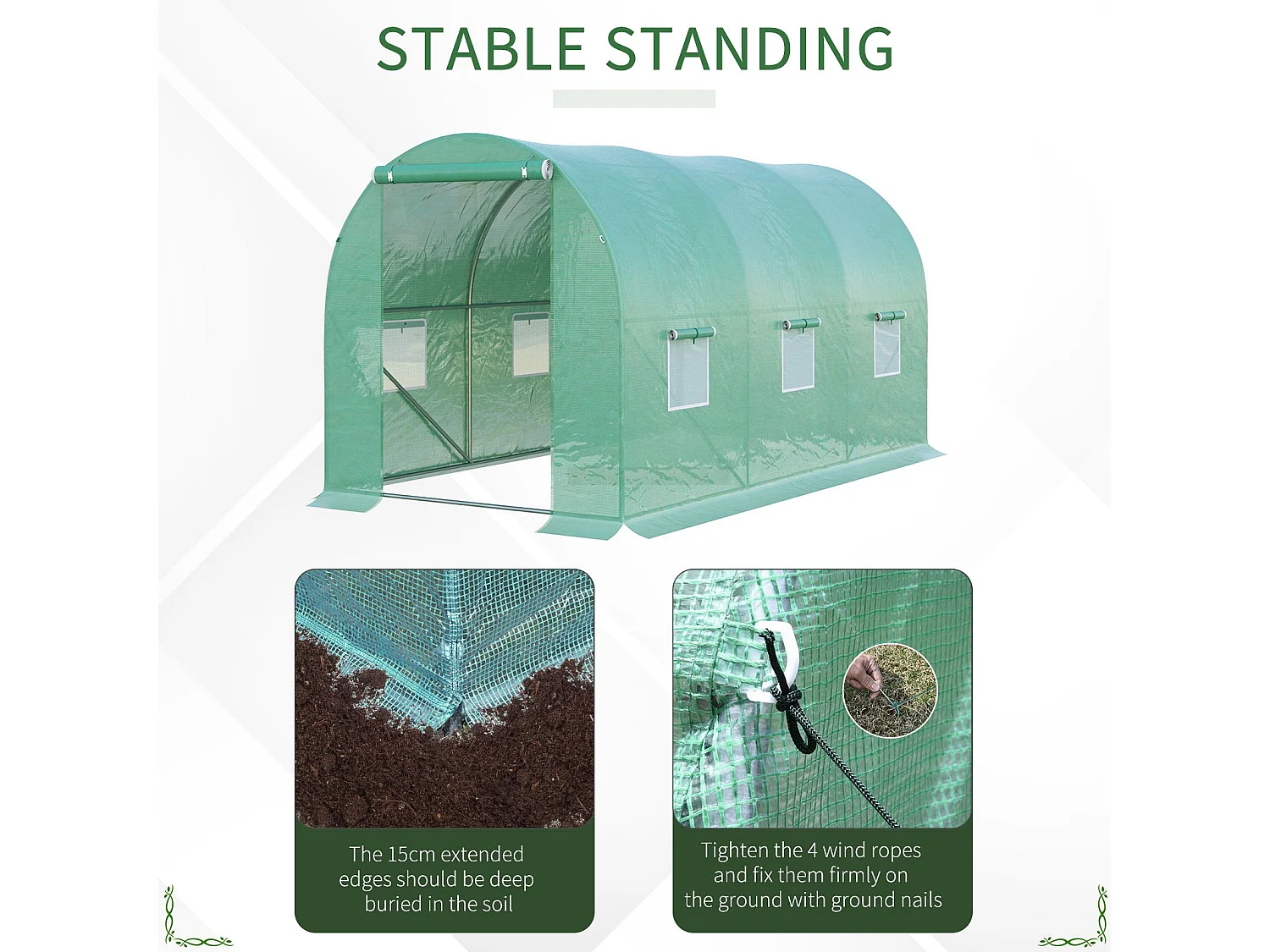 Serre tunnel pour tomates, film plastique transparent, 6 fenêtres moustiquaires, cadre acier vert (395x195x190cm)