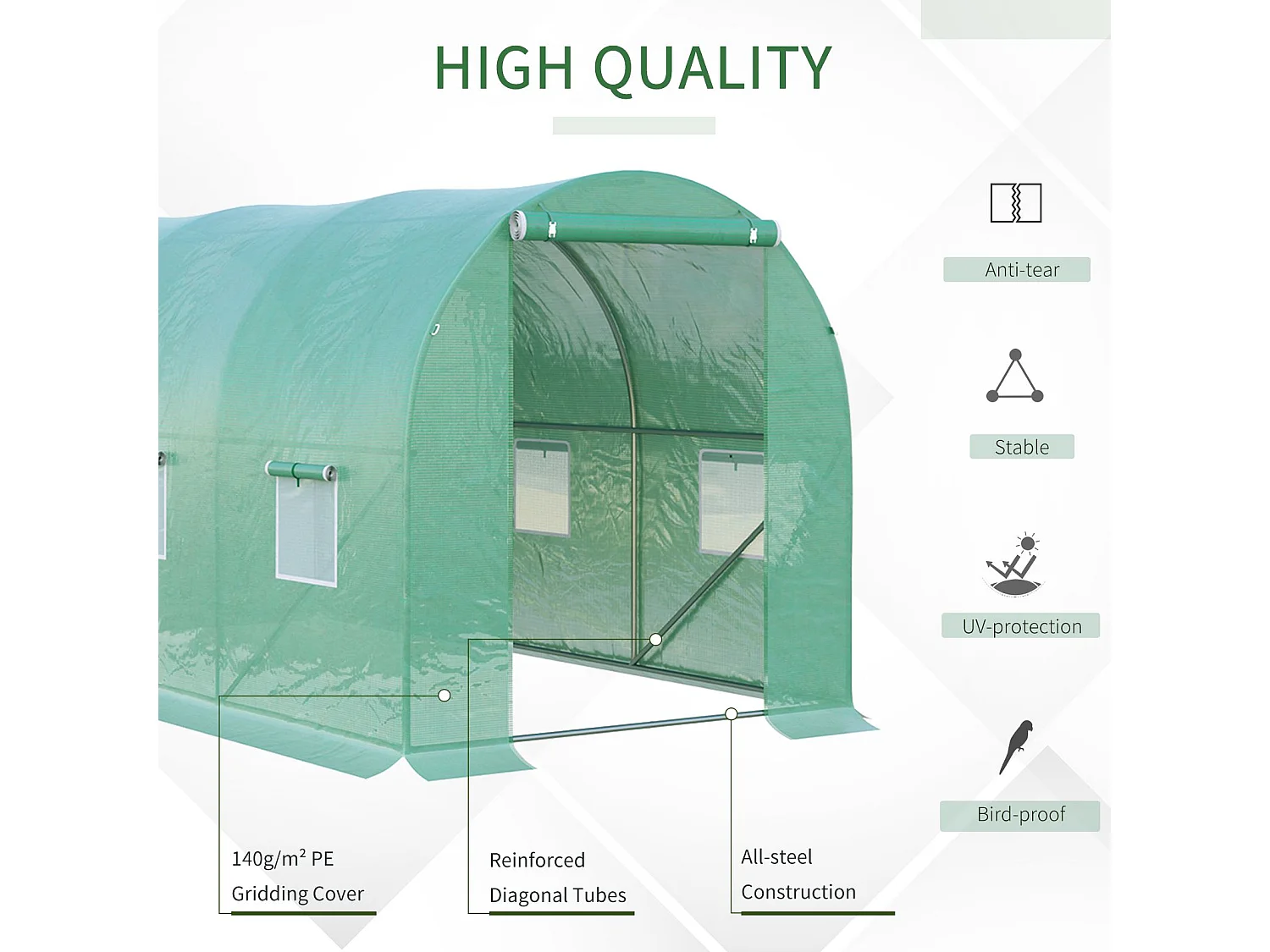 Serre tunnel pour tomates, film plastique transparent, 6 fenêtres moustiquaires, cadre acier vert (395x195x190cm)