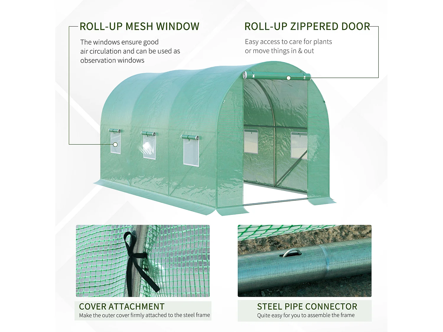 Serre tunnel pour tomates, film plastique transparent, 6 fenêtres moustiquaires, cadre acier vert (395x195x190cm)