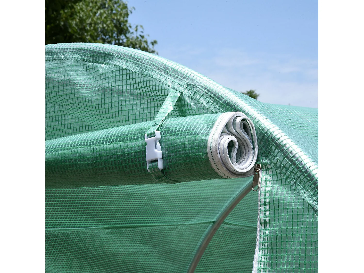 Serre tunnel pour tomates, film plastique transparent, 6 fenêtres moustiquaires, cadre acier vert (395x195x190cm)