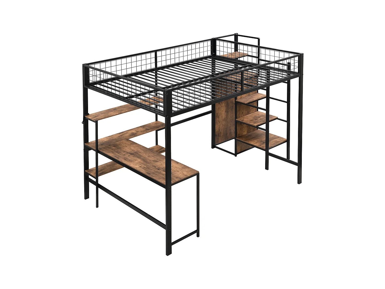 Hoogslaper 140x200 cm, metaal, met bureau, planken, inbouwkast, zwart en hout (249x145x180 cm)