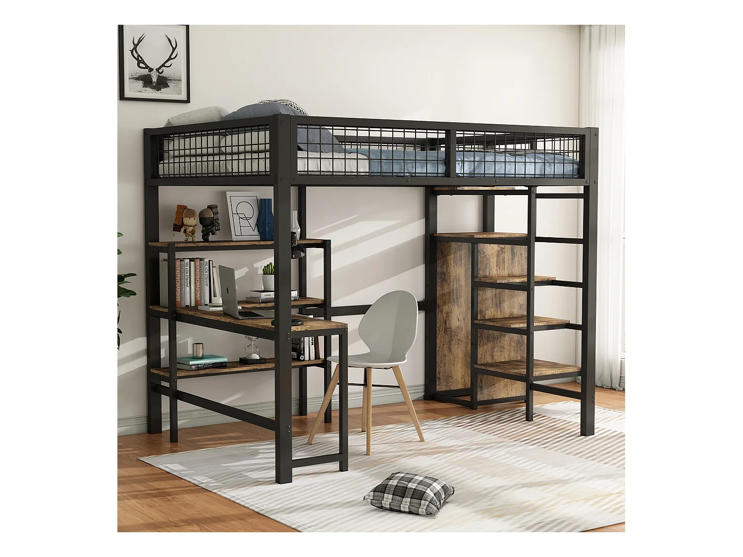 Lit mezzanine 140x200 cm, Métal, avec bureau, étagères, armoire intégrée, Noir et bois (249x145x180 cm)