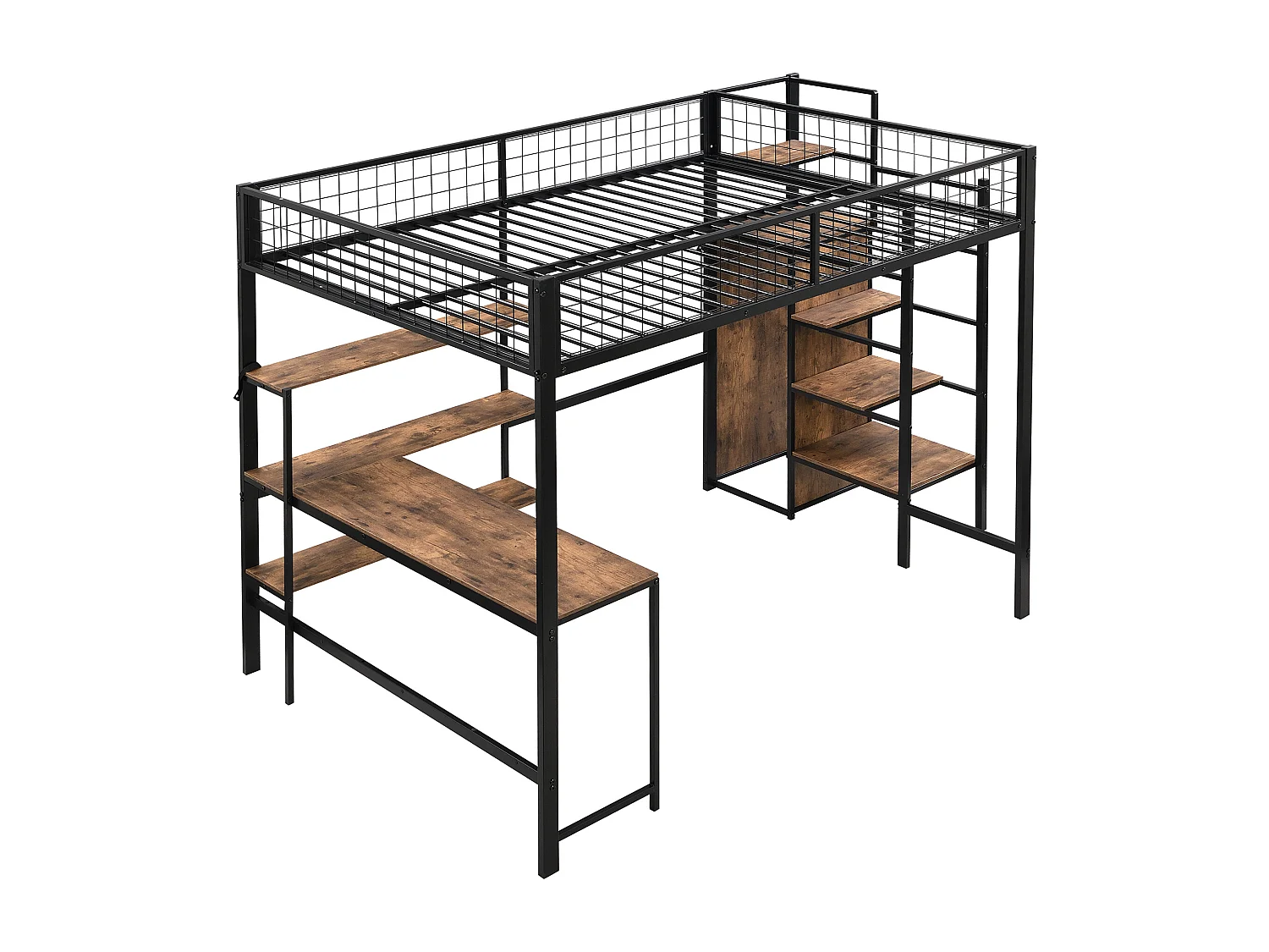 Lit mezzanine 140x200 cm, Métal, avec bureau, étagères, armoire intégrée, Noir et bois (249x145x180 cm)