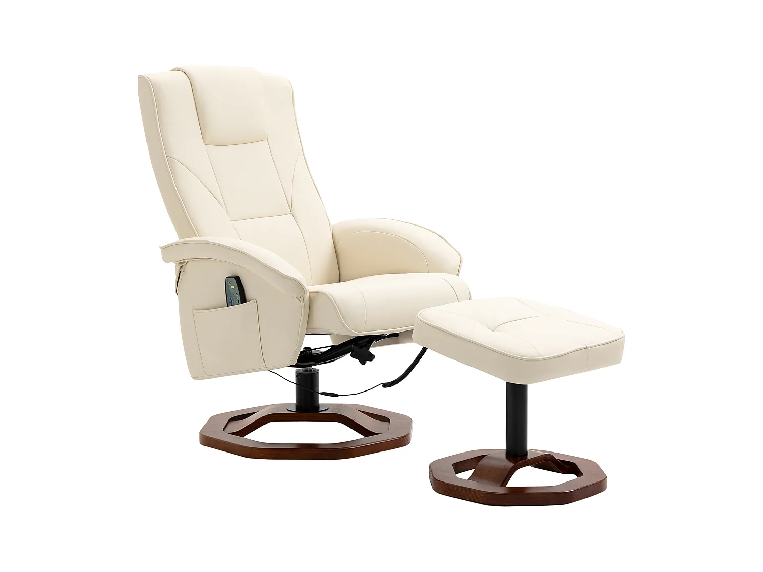Poltrona massaggiante relax con poggiapiedi, girevole a 360°, in similpelle, acciaio, crema e marrone (73x83x106 cm)