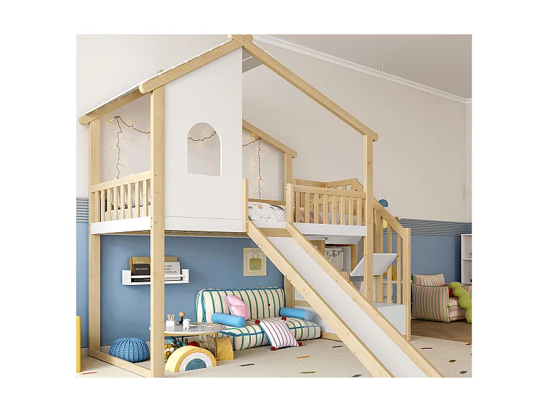 Hochbett 90×200 cm - mit Aufstiegsleiter mit Staufach - mit Rutsche - mit Sicherheitsgittern - natur + weiß (Matratze nicht enthalten)