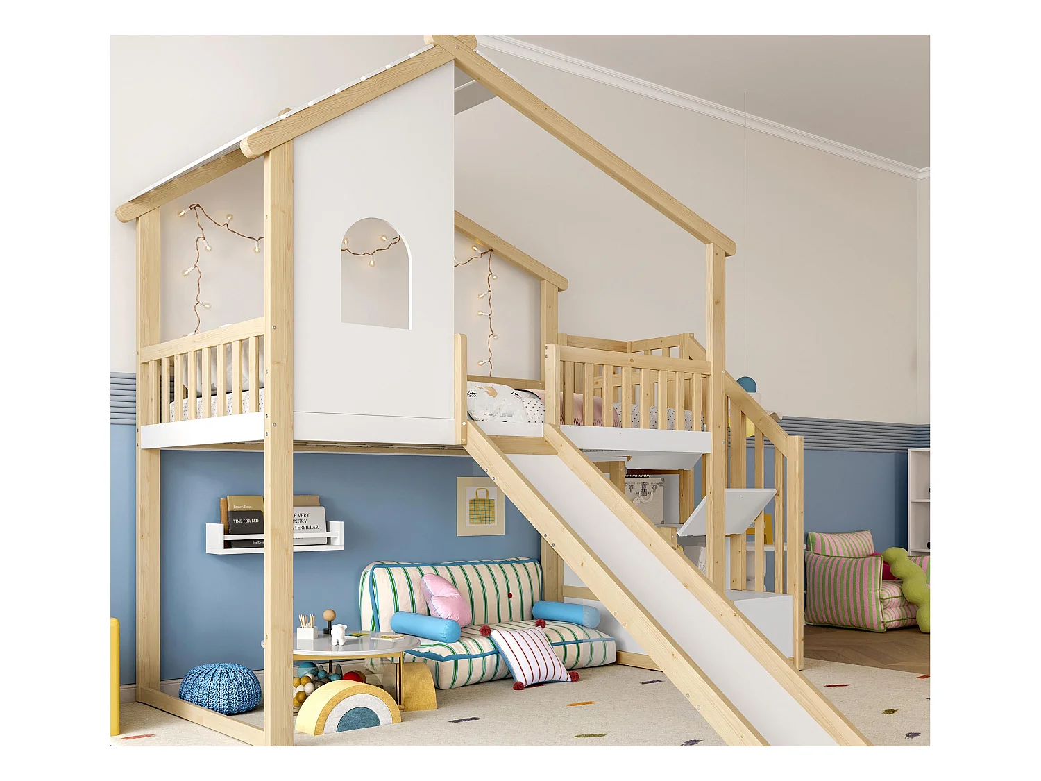 Lit mezzanine 90x200 cm - avec échelle de rangement - avec toboggan - avec barrières de sécurité - naturel + blanc (matelas non inclus)