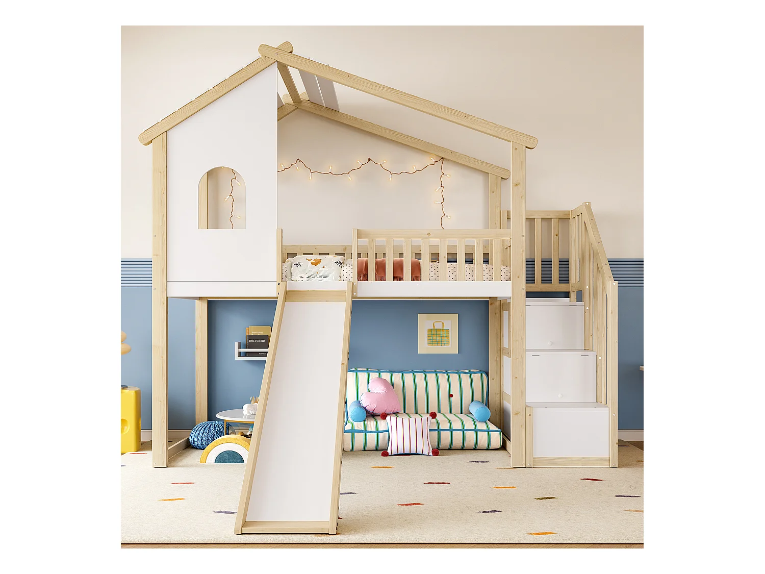 Lit mezzanine 90x200 cm - avec échelle de rangement - avec toboggan - avec barrières de sécurité - naturel + blanc (matelas non inclus)