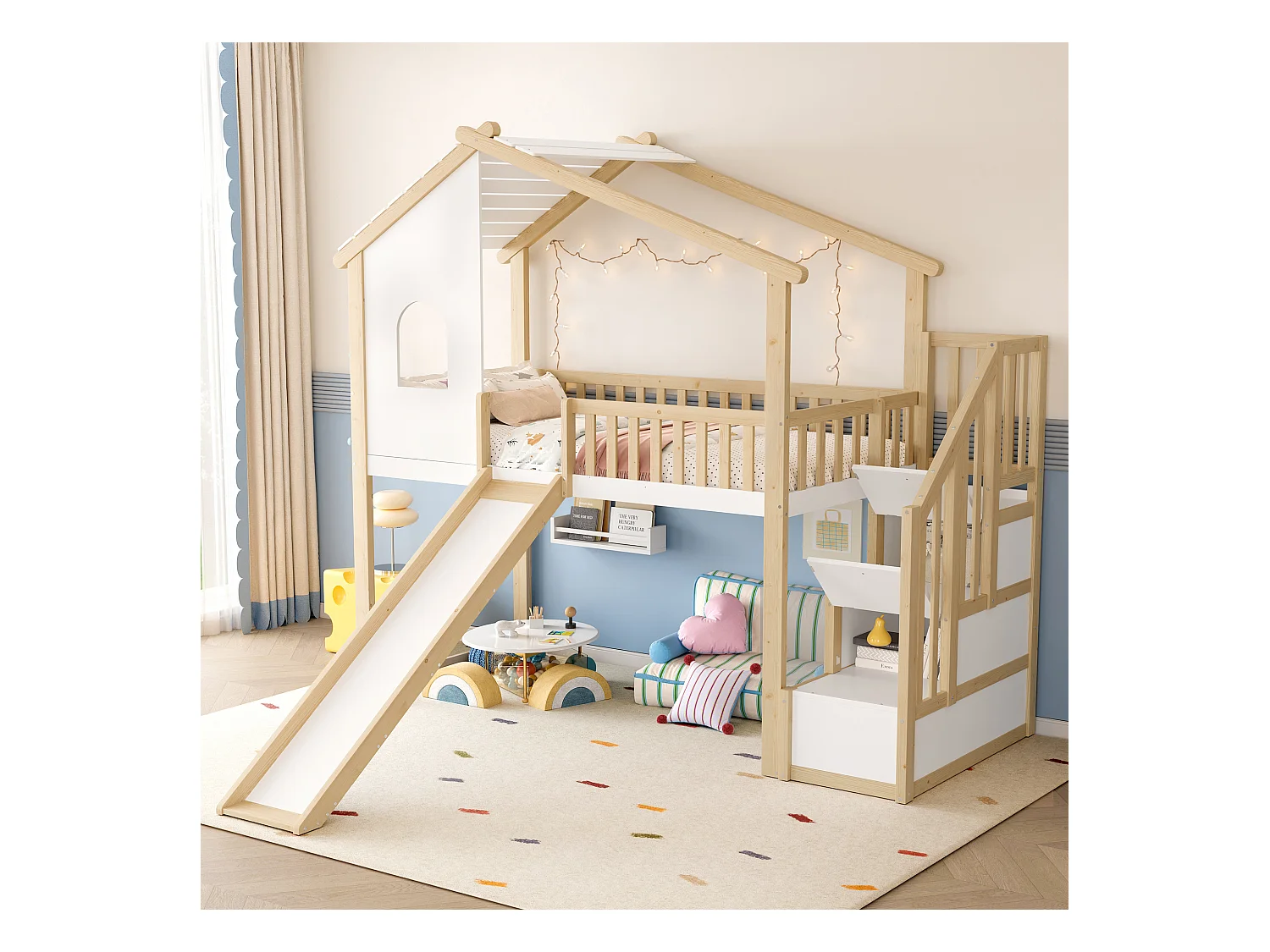 Lit mezzanine 90x200 cm - avec échelle de rangement - avec toboggan - avec barrières de sécurité - naturel + blanc (matelas non inclus)