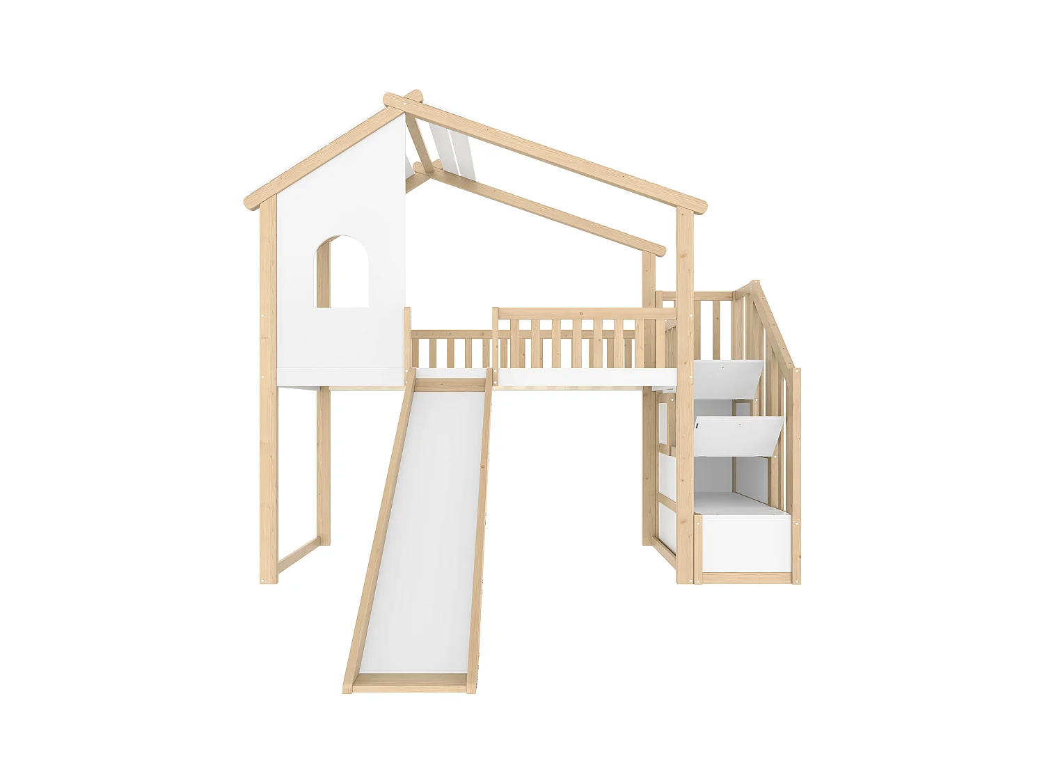 Lit mezzanine 90x200 cm - avec échelle de rangement - avec toboggan - avec barrières de sécurité - naturel + blanc (matelas non inclus)