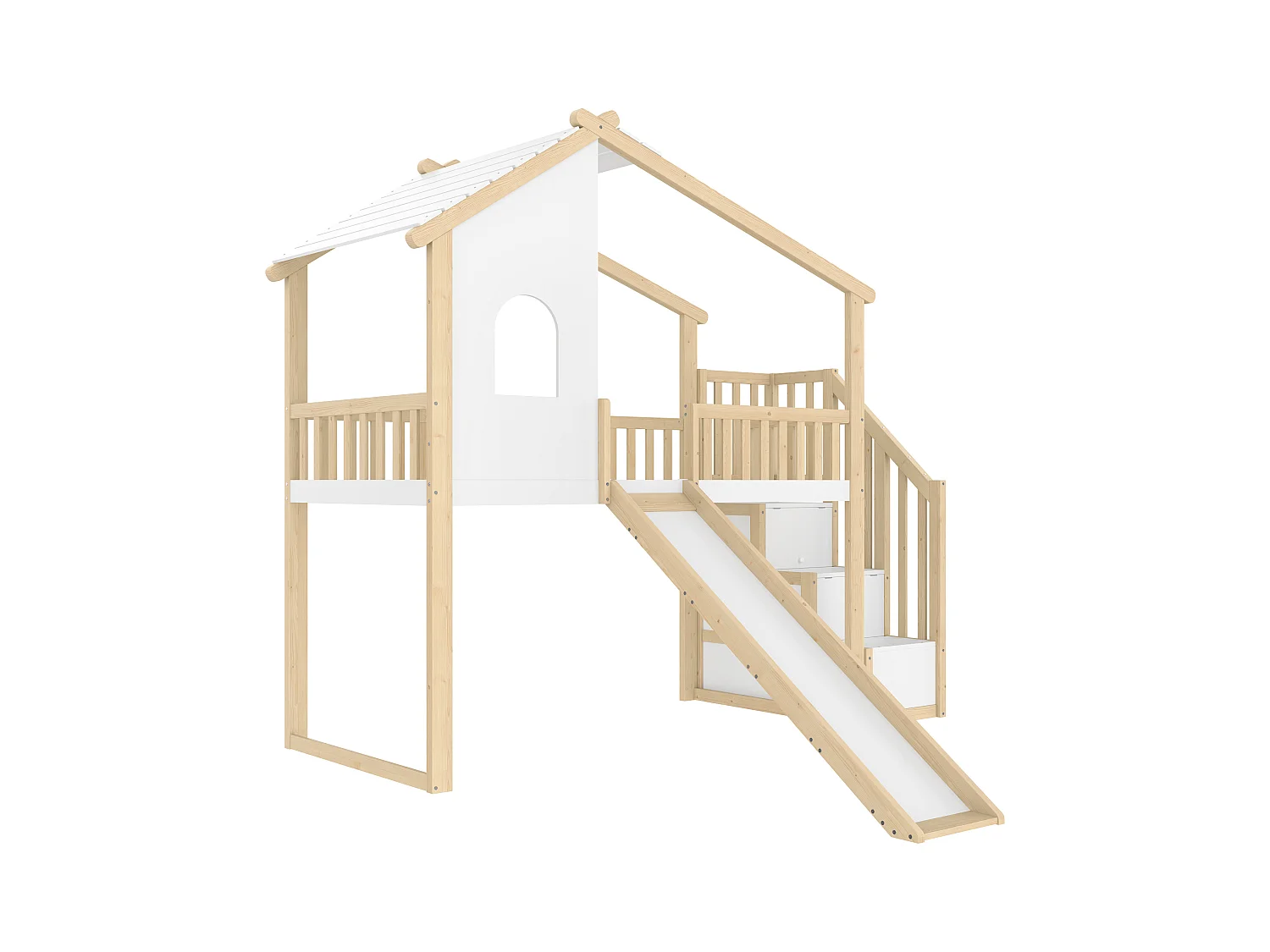 Lit mezzanine 90x200 cm - avec échelle de rangement - avec toboggan - avec barrières de sécurité - naturel + blanc (matelas non inclus)