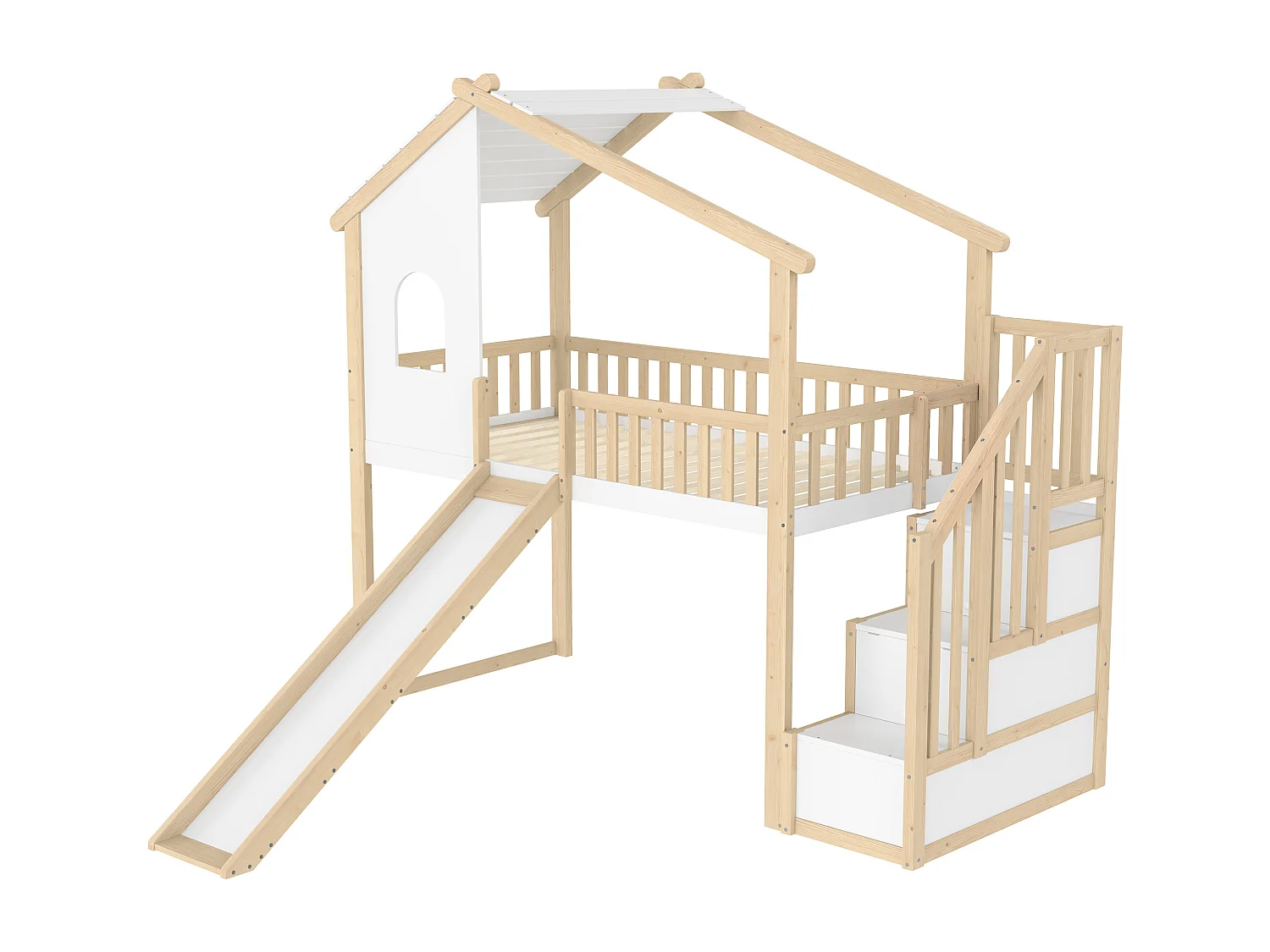 Hochbett 90×200 cm - mit Aufstiegsleiter mit Staufach - mit Rutsche - mit Sicherheitsgittern - natur + weiß (Matratze nicht enthalten)