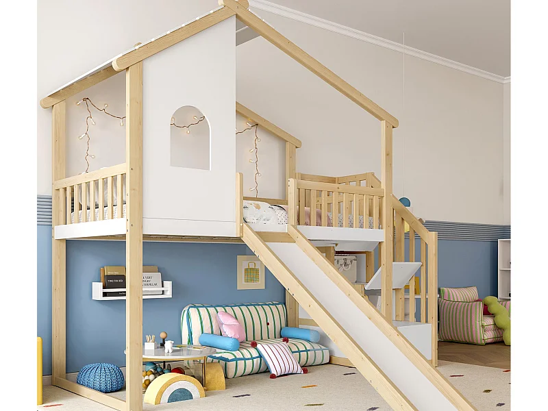 Letto soppalcato 90×200 cm - con scala contenitore - con scivolo - con barriere di sicurezza - naturale + bianco (materasso non incluso)