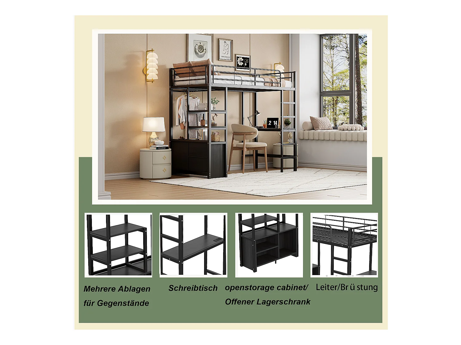 Letto a soppalco 90x200 cm, con scrivania, ripiani, porta USB e contenitore, struttura in metallo, nero (204x95x180 cm)