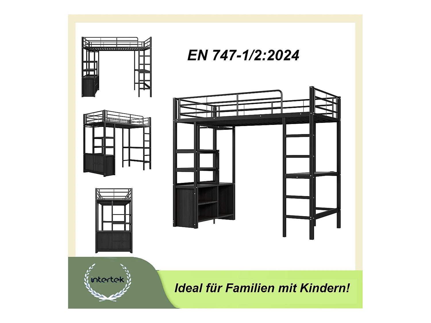 Letto a soppalco 90x200 cm, con scrivania, ripiani, porta USB e contenitore, struttura in metallo, nero (204x95x180 cm)