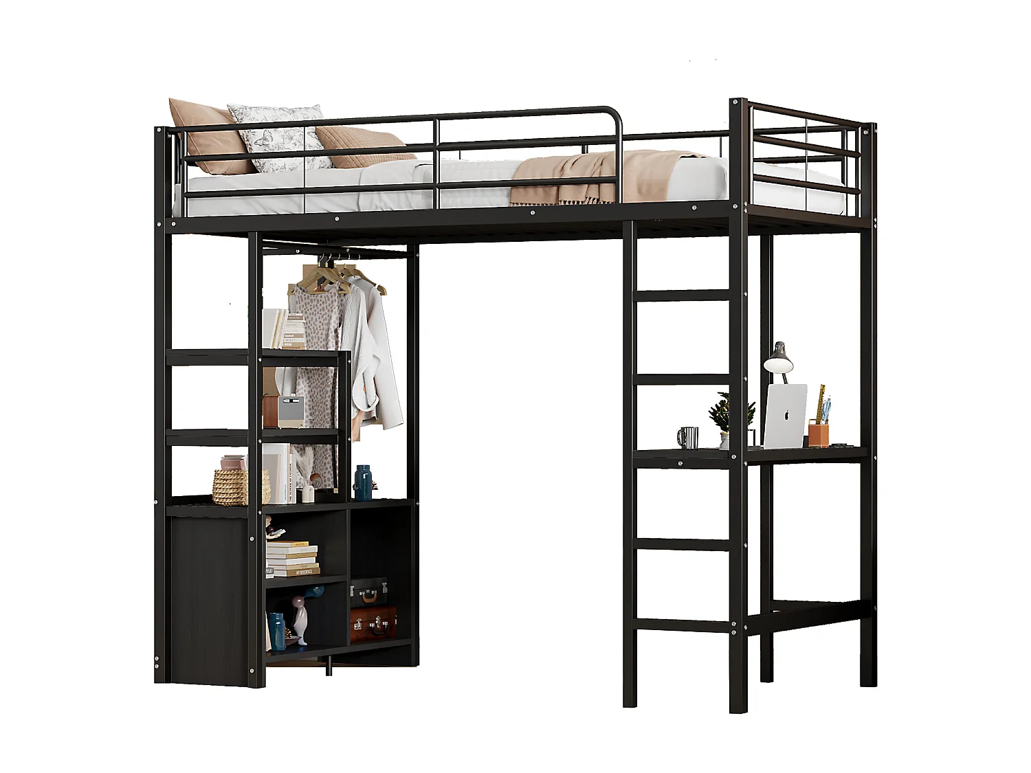 Letto a soppalco 90x200 cm, con scrivania, ripiani, porta USB e contenitore, struttura in metallo, nero (204x95x180 cm)