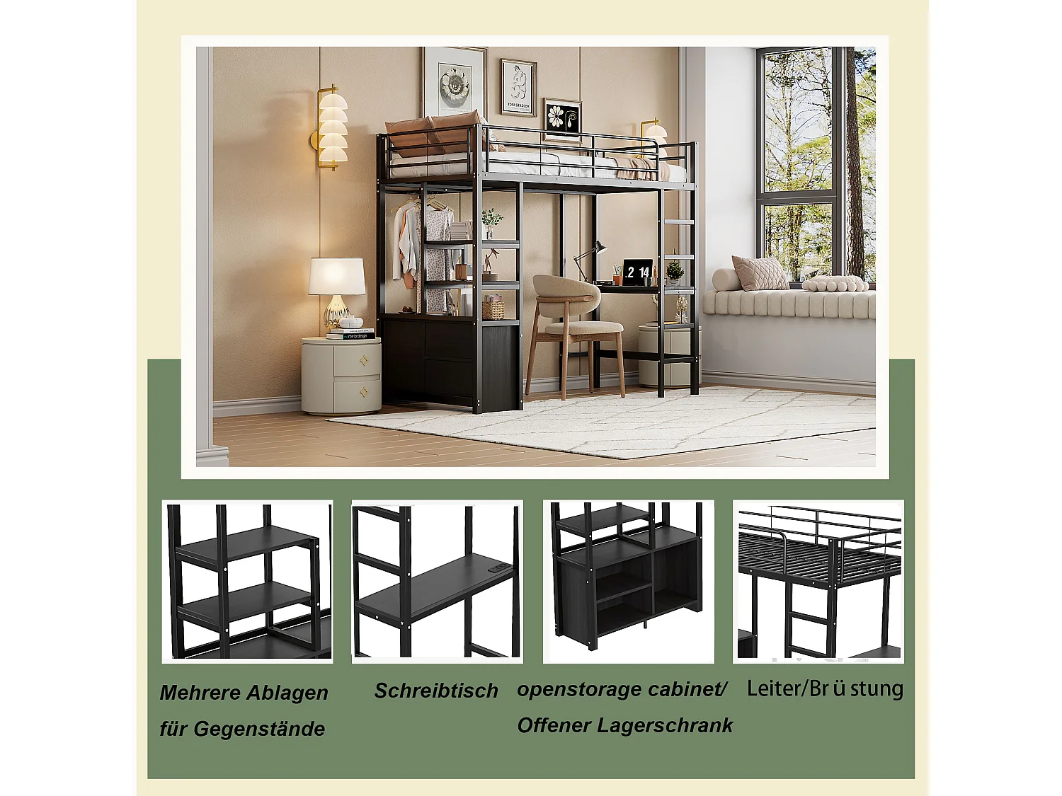 Hoogslaper 90x200 cm, met bureau, planken, USB-aansluiting en opbergruimte, metalen frame, zwart (204x95x180 cm)