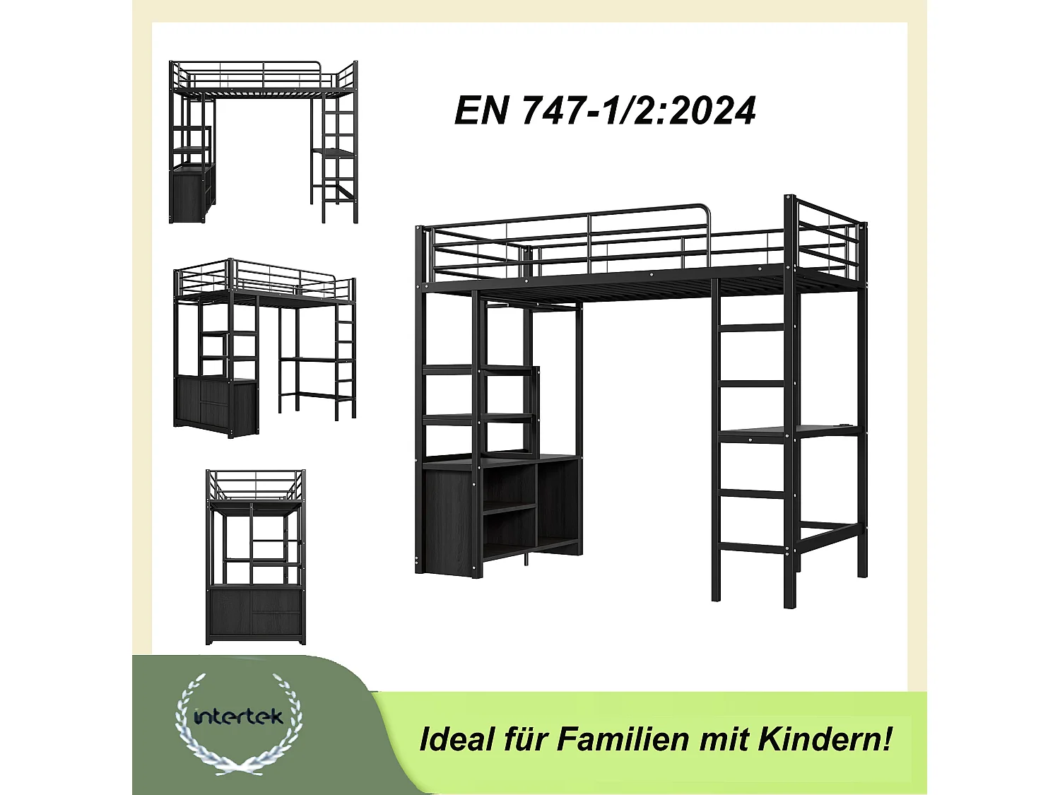 Hoogslaper 90x200 cm, met bureau, planken, USB-aansluiting en opbergruimte, metalen frame, zwart (204x95x180 cm)