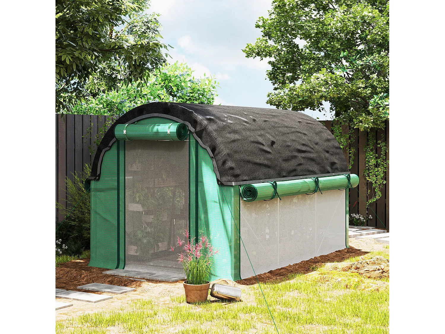 Serre tunnel avec fenêtres, porte roulante et parois latérales enroulables, UV, PVC, vert (300x200x198 cm)
