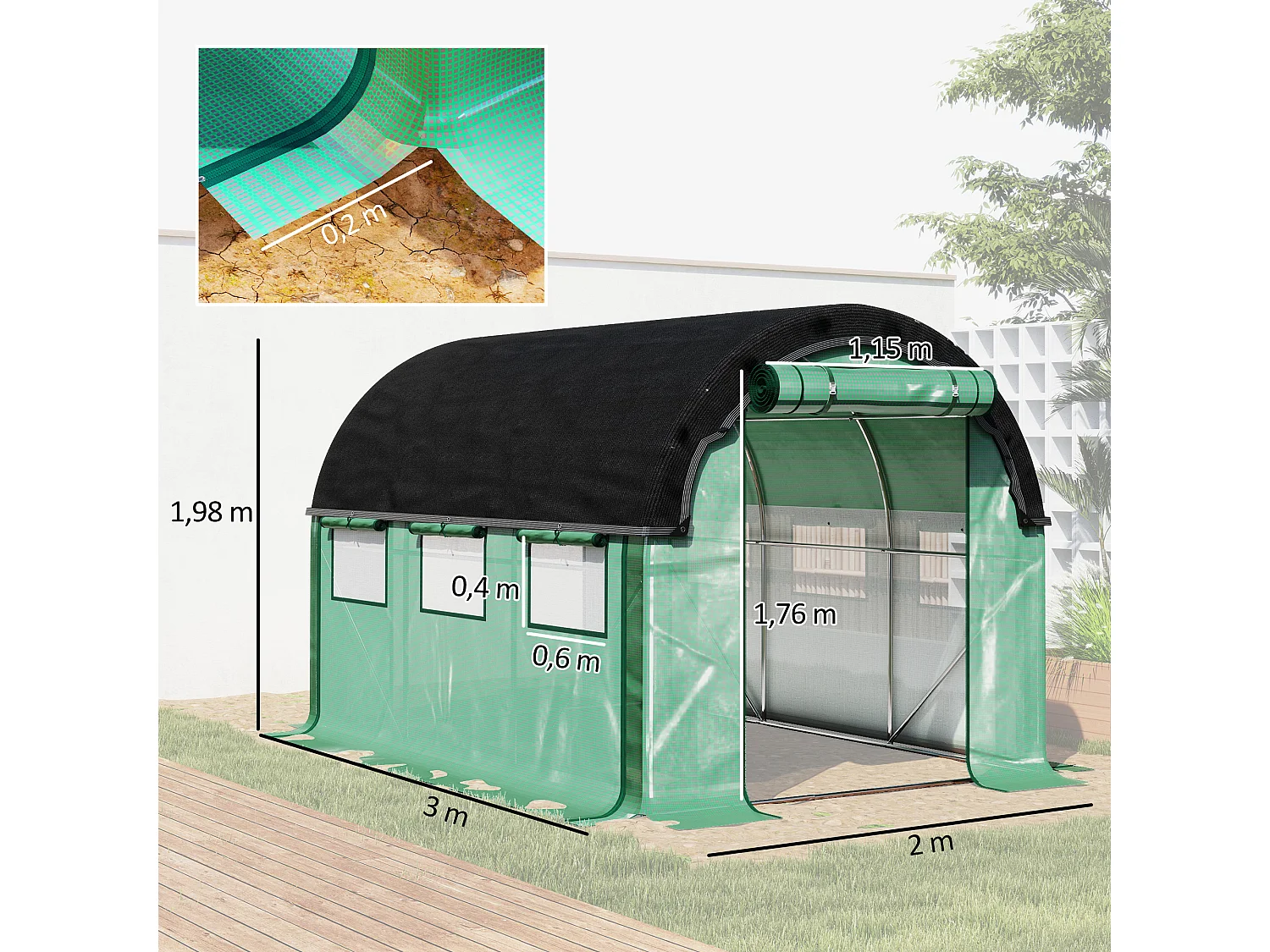 Serre tunnel avec fenêtres, porte roulante et parois latérales enroulables, UV, PVC, vert (300x200x198 cm)