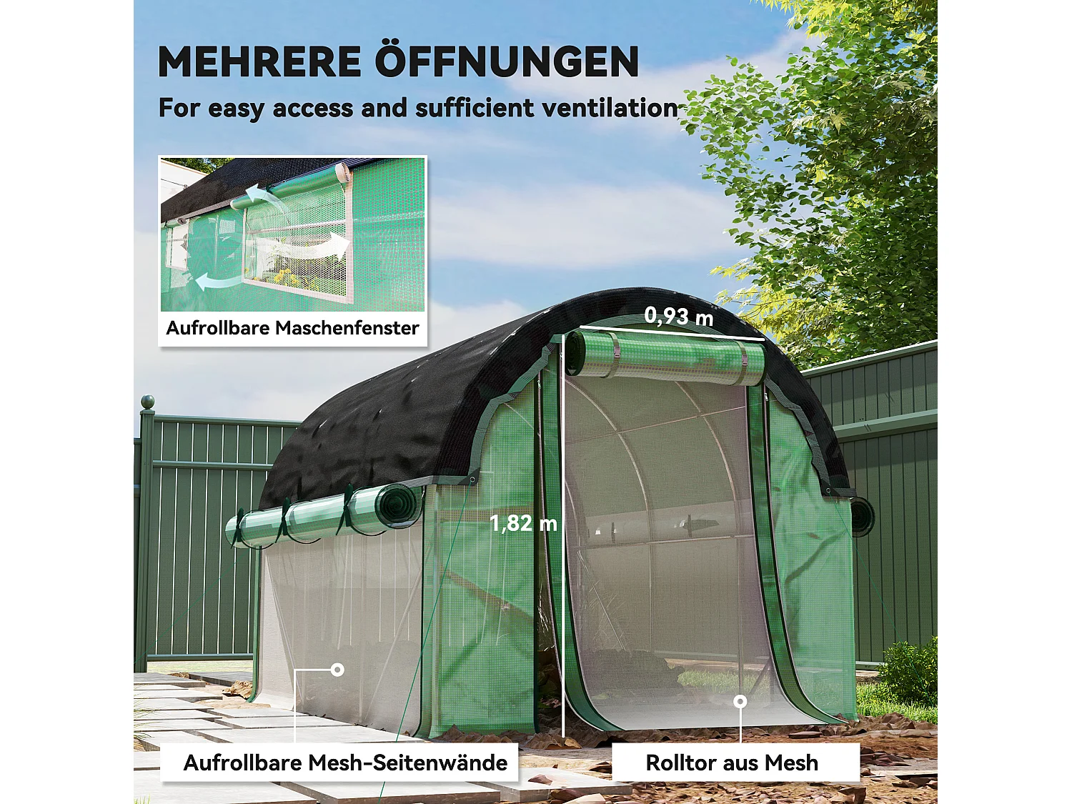 Serre tunnel avec fenêtres, porte roulante et parois latérales enroulables, UV, PVC, vert (300x200x198 cm)