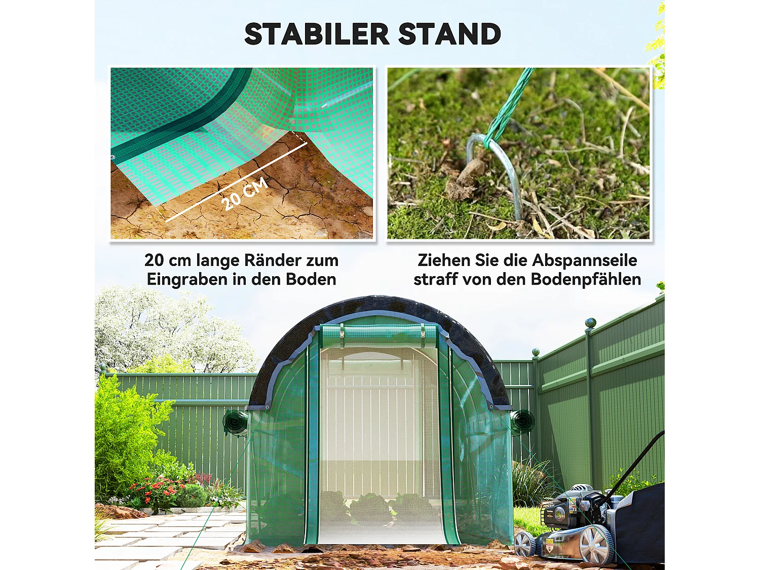 Serre tunnel avec fenêtres, porte roulante et parois latérales enroulables, UV, PVC, vert (300x200x198 cm)