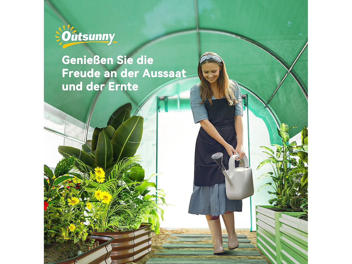 Serre tunnel avec fenêtres, porte roulante et parois latérales enroulables, UV, PVC, vert (300x200x198 cm)