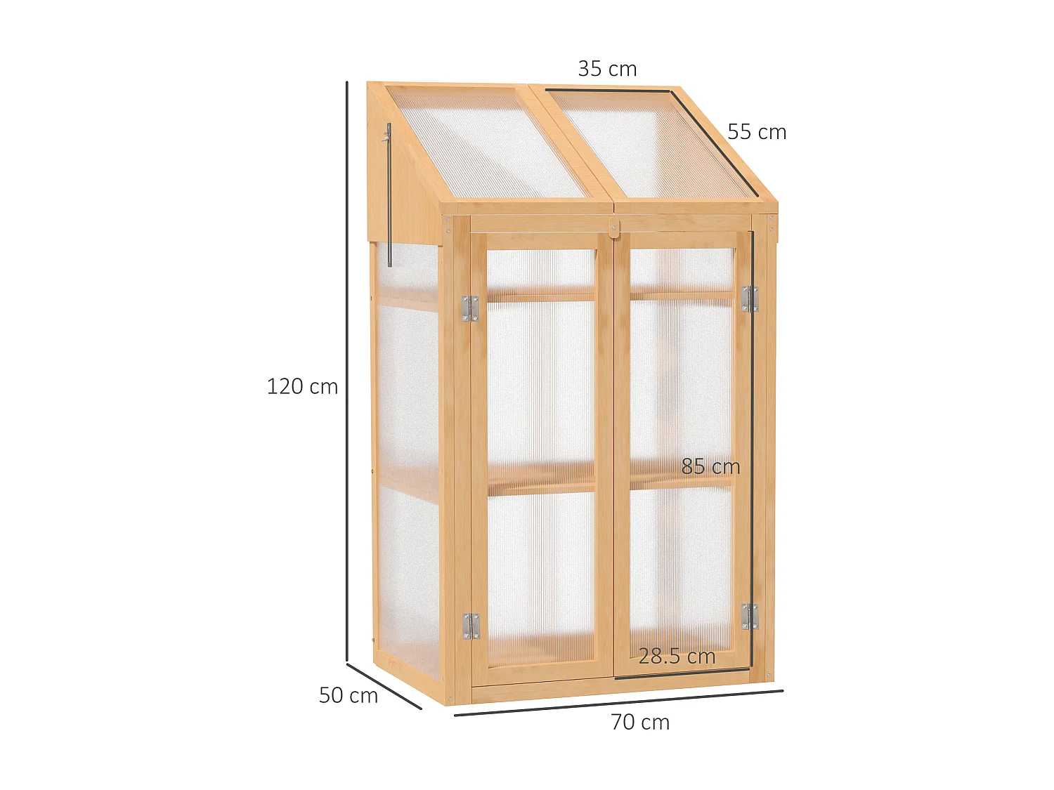 Mini serre avec étagères, bois, marron, avec fenêtres et double porte (70x50x120cm)