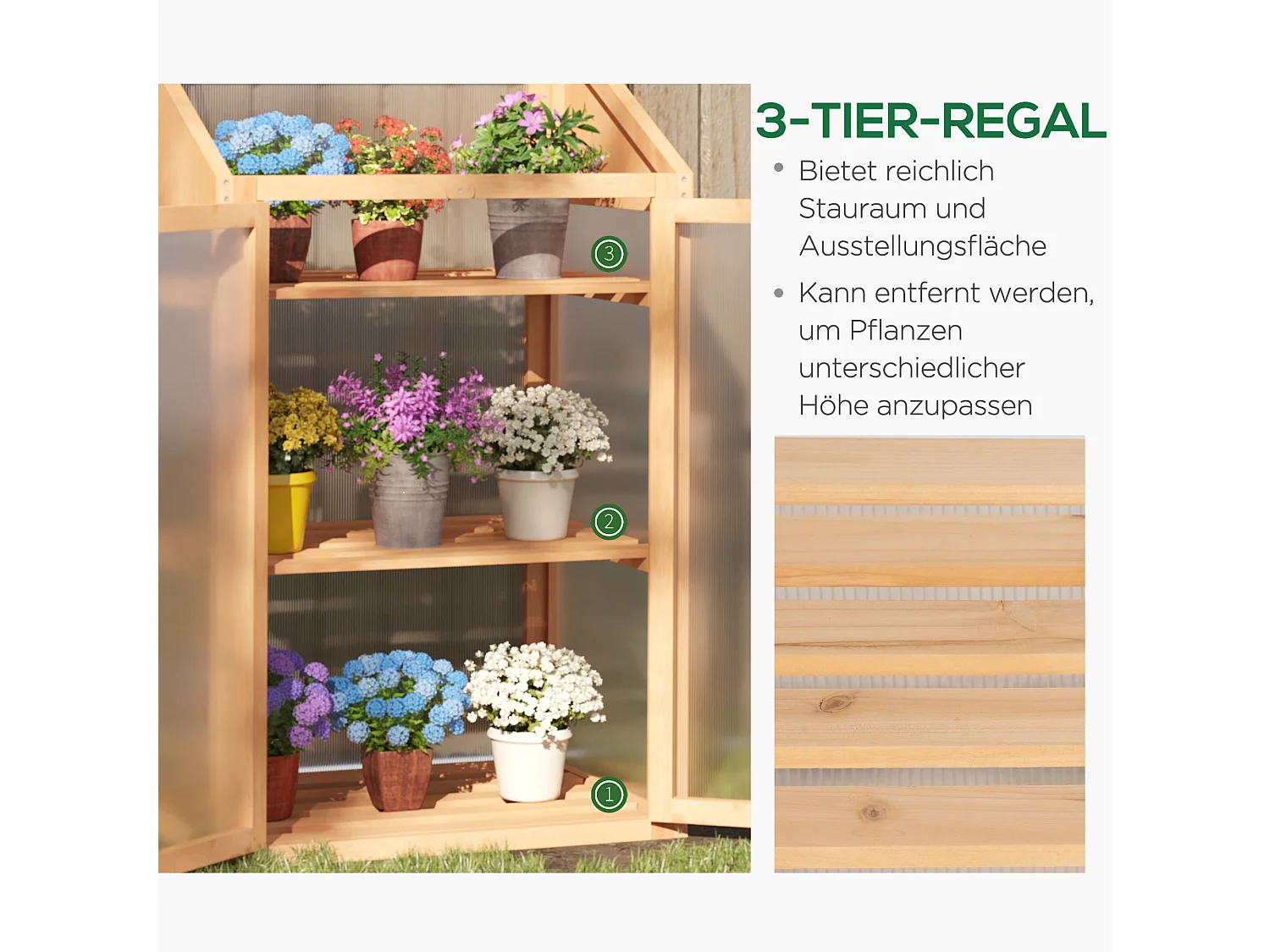 Mini serre avec étagères, bois, marron, avec fenêtres et double porte (70x50x120cm)