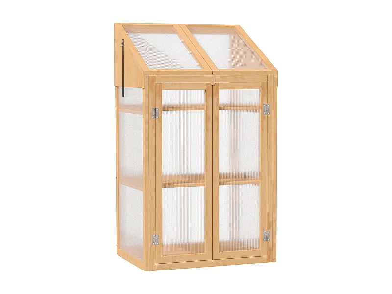 Mini serre avec étagères, bois, marron, avec fenêtres et double porte (70x50x120cm)