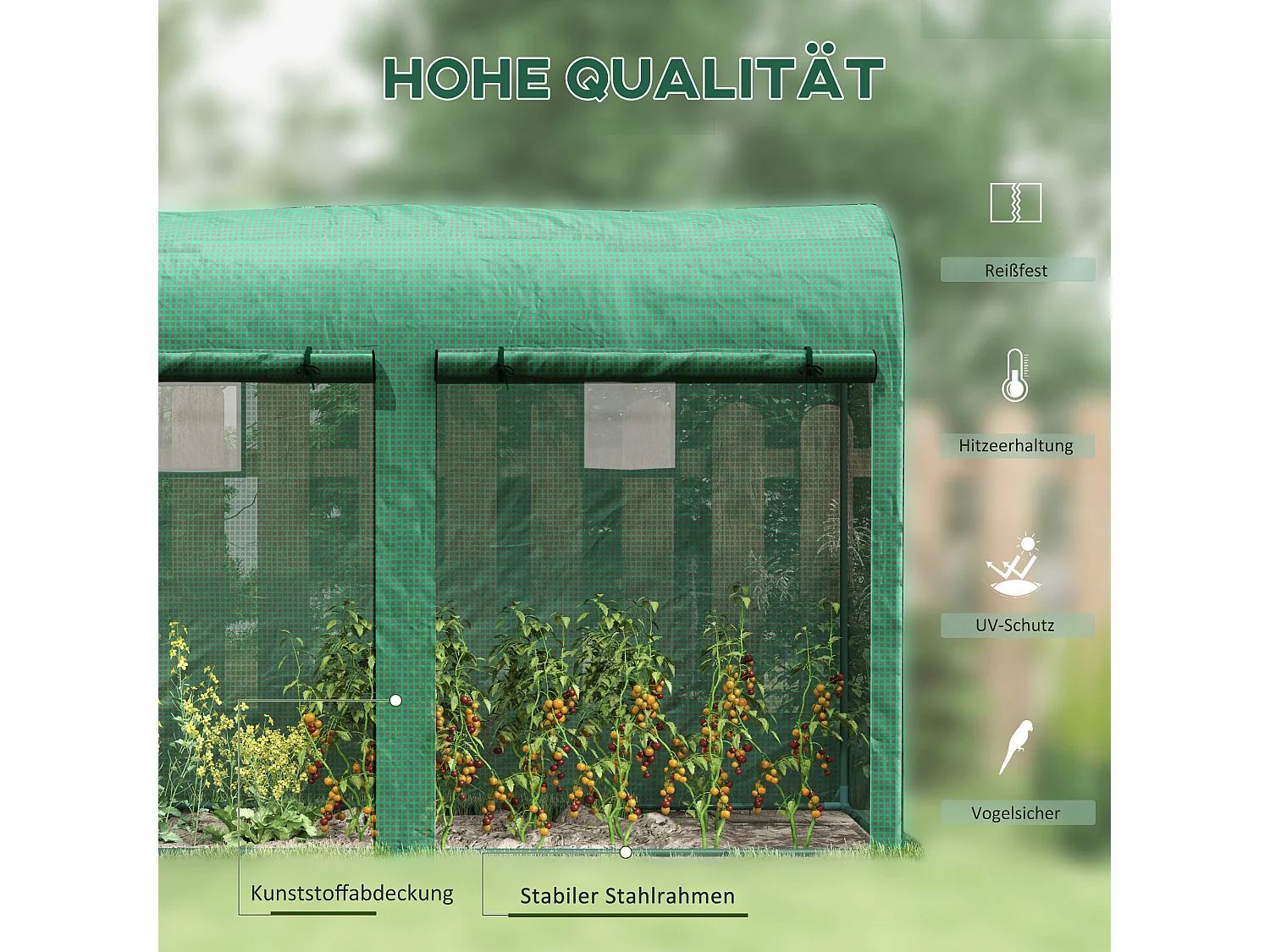 Tuinkas met ramen en deur, staal, PE, 300x100x200 cm, groen