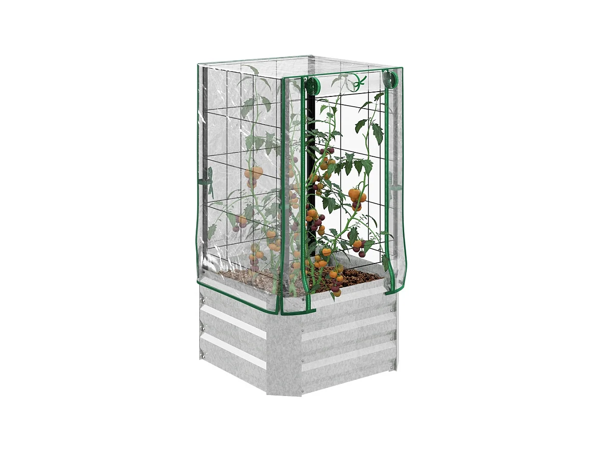 Jardin surélevé avec treillis et 3 étagères, bac à plantes en bois, pour plantes grimpantes, gris (53x53x90 cm)