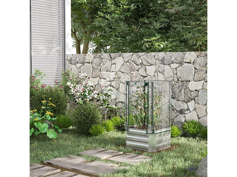 Jardin surélevé avec treillis et 3 étagères, bac à plantes en bois, pour plantes grimpantes, gris (53x53x90 cm)