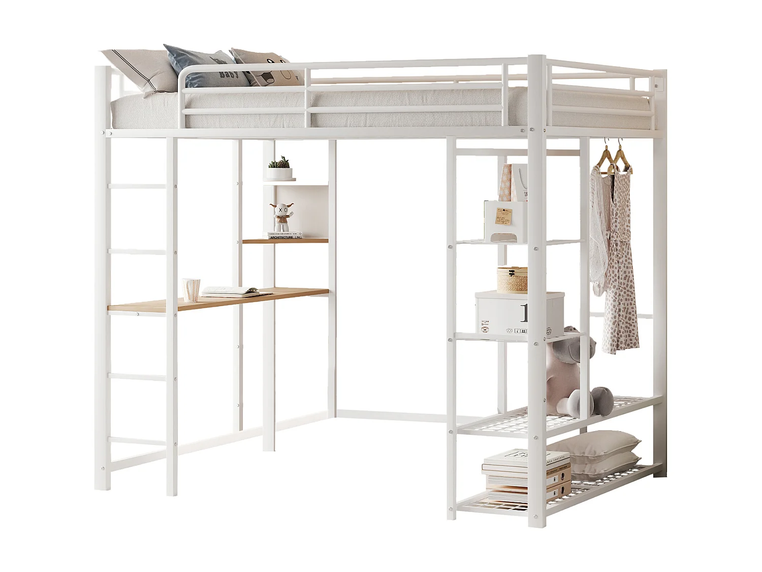 Metalen hoogslaper met bureau en kledingkast, wit (204x95x180 cm)