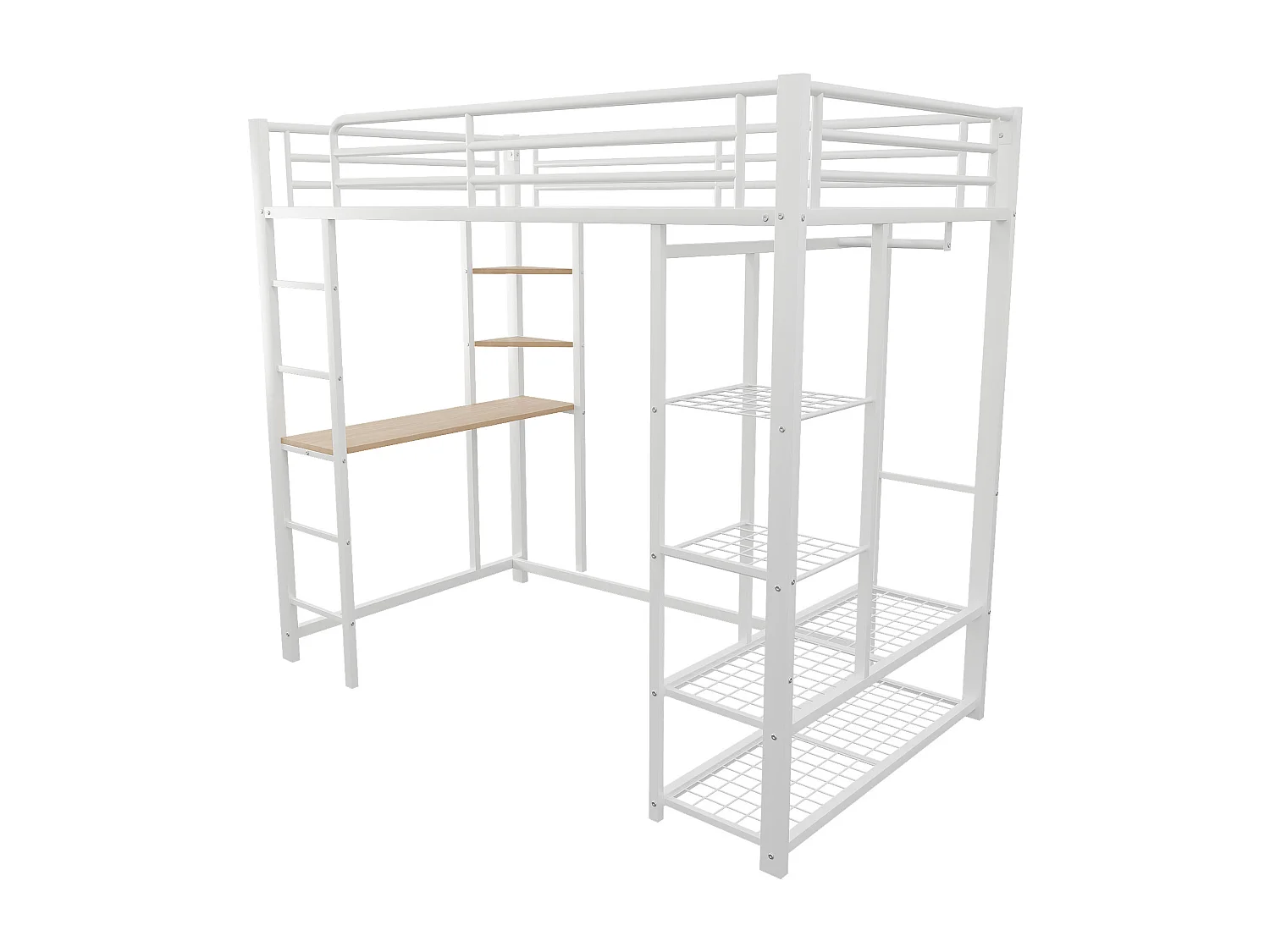Metalen hoogslaper met bureau en kledingkast, wit (204x95x180 cm)