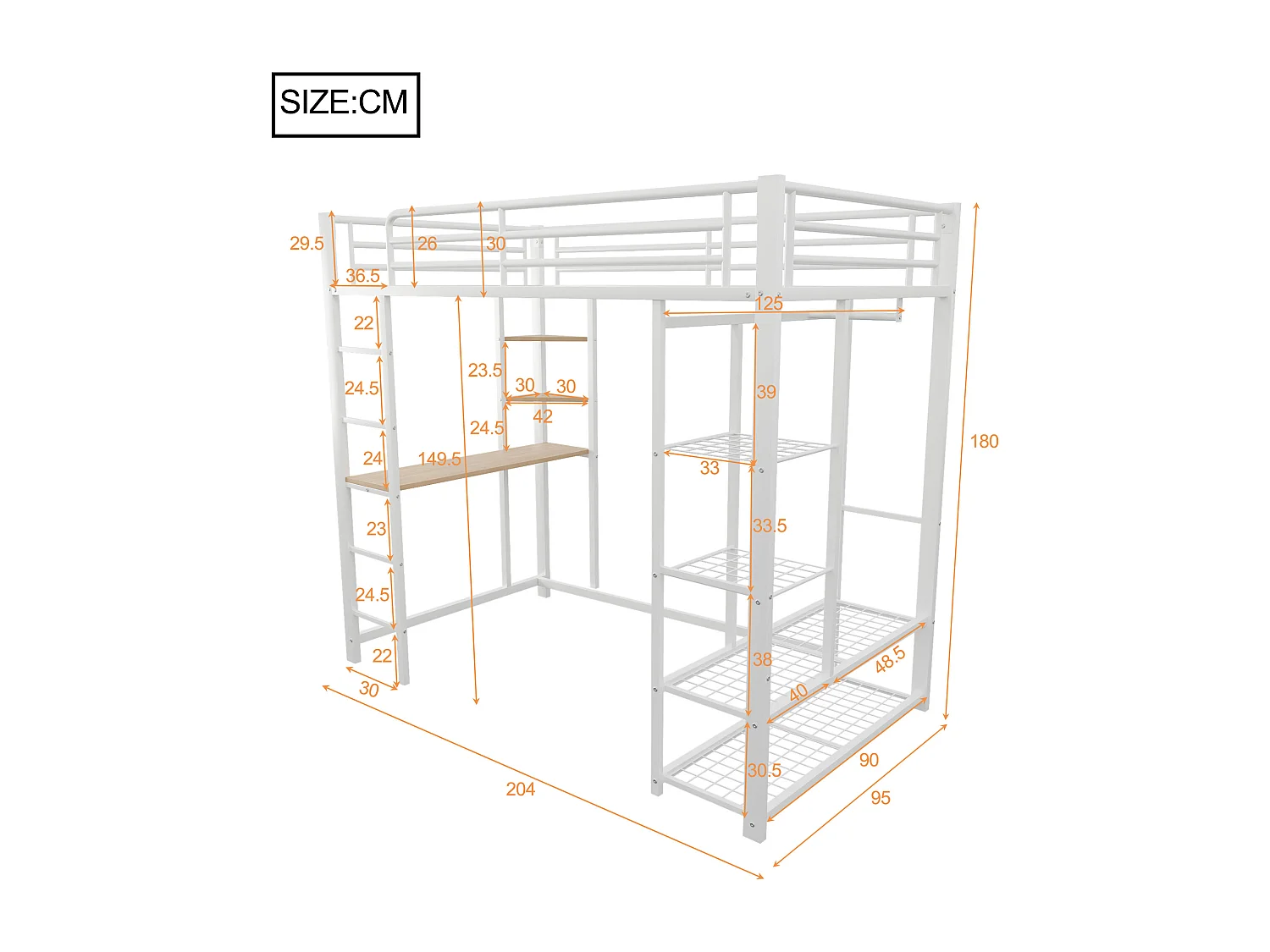Metalen hoogslaper met bureau en kledingkast, wit (204x95x180 cm)