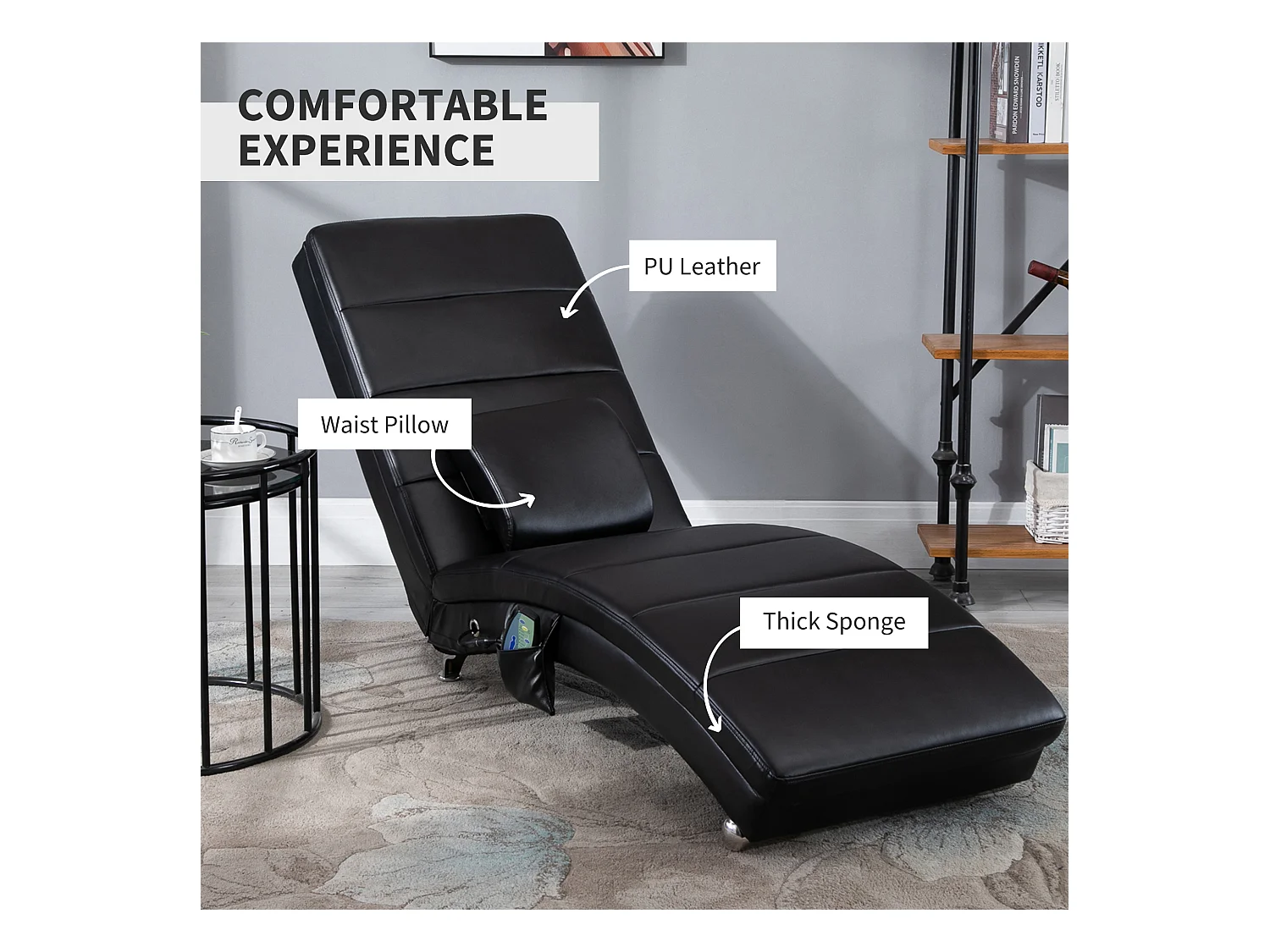 Chaise longue relax avec massage 8 points, simili cuir, télécommande, noir (163x58x87cm)