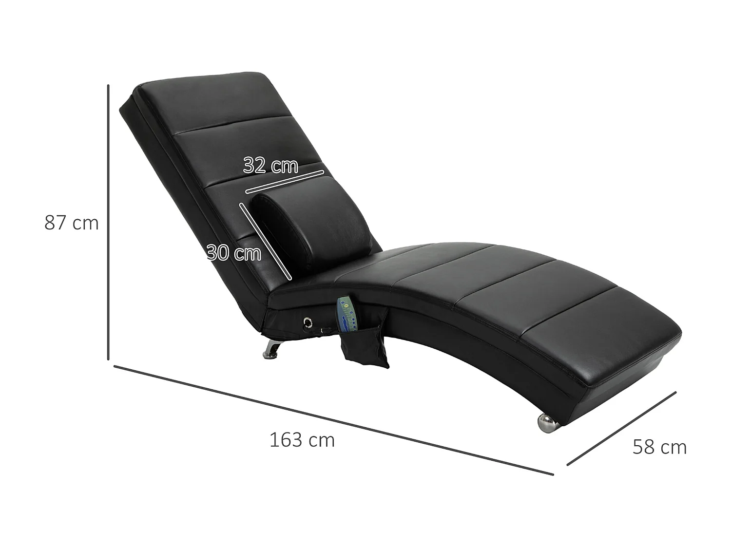 Chaise longue relax avec massage 8 points, simili cuir, télécommande, noir (163x58x87cm)