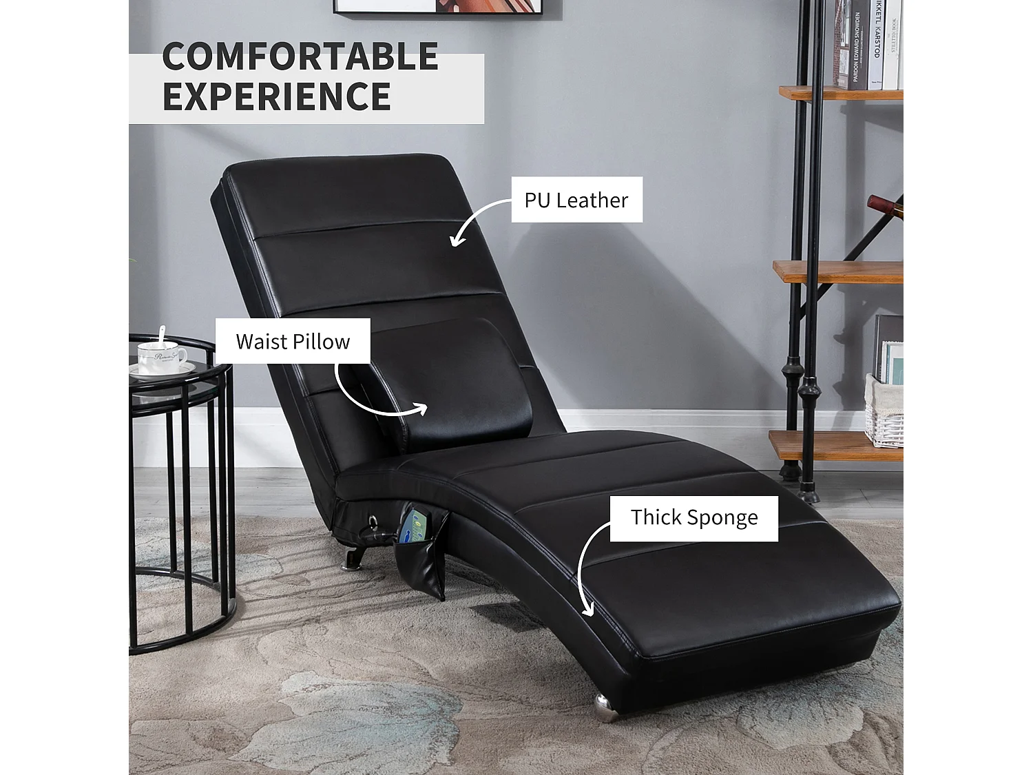 Chaise longue relax avec massage 8 points, simili cuir, télécommande, noir (163x58x87cm)