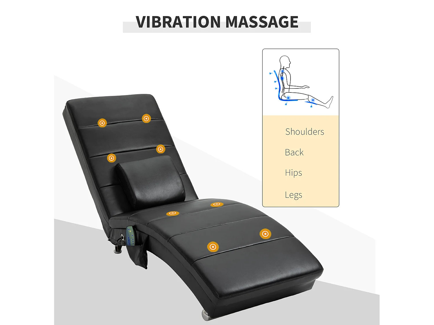 Chaise longue relax avec massage 8 points, simili cuir, télécommande, noir (163x58x87cm)