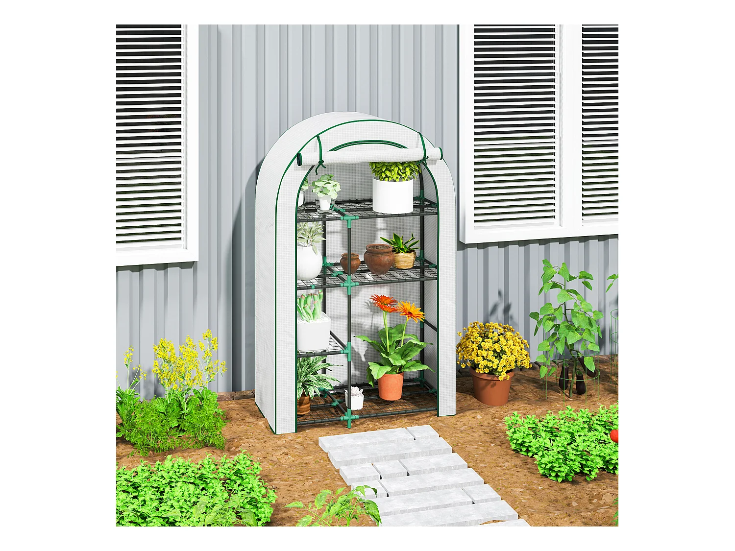 Serre de jardin avec toit arrondi, étagères, acier, blanche (100x45x160 cm)